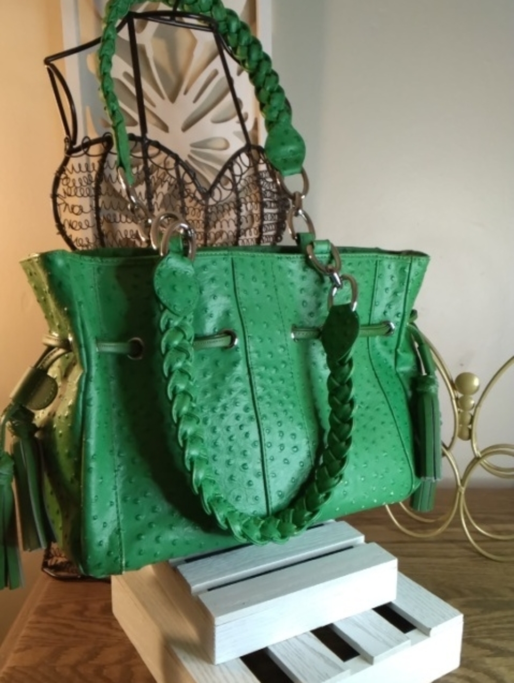 Green Braided Handle Tote Bag